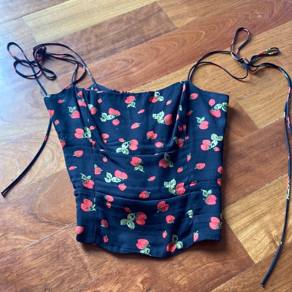 Reformation Black Strawberry Print Tie-Strap Tank Top